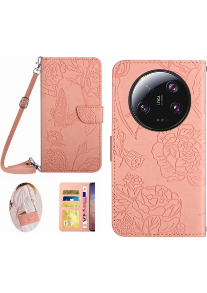 HT03 Xiaomi Için Telefon Kılıfı 13 Ultra Pu Deri Kelebek Çiçekleri Baskılı Stand Cüzdan Kapağı Omuz Kayışı Pembe (Yurt Dışından)