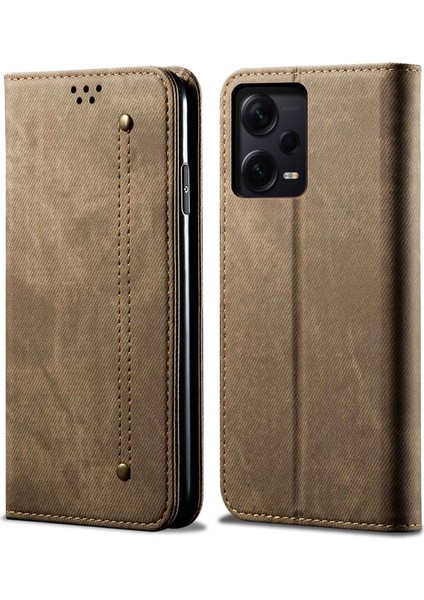 4U Sky Xiaomi Redmi Için Note 12 Pro 5g /note 12 Pro Speed ​​5g /poco X5 Pro 5g Kot Koku Doku Pu Deri Telefon Kılıf Standı Manyetik Emilim Cüzdan Flip Cover-Khaki (Yurt Dışından)