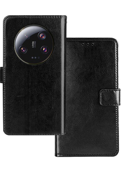 Xiaomi 13 Ultra Pu Deri Telefon Kapağı Stand Cüzdan Black ile Çılgın At Doku Kılıfı (Yurt Dışından)