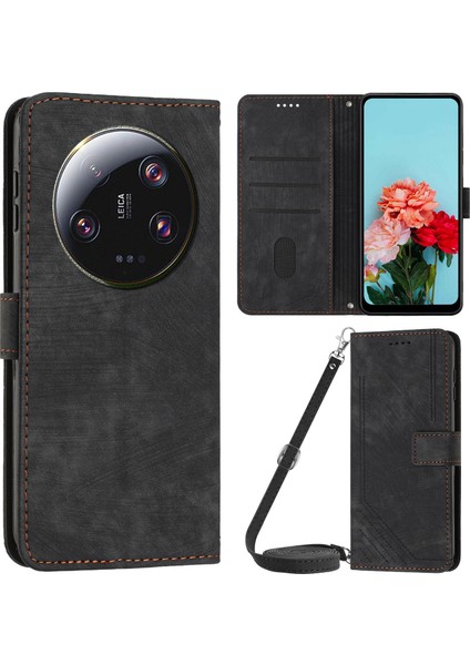 Xiaomi Için 13 Ultra Pu Deri Telefon Stand Kılıfı Cüzdan Çizgileri Omuz Kayışı Black ile Baskılı Kapak (Yurt Dışından)
