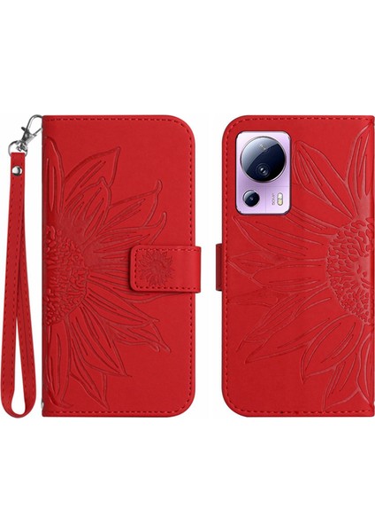 Xiaomi 13 Lite/civi 2 5g HT04 Pu Deri Telefon Kasası Ayçiçeği Baskılı Flip Cüzdan Standı Anti-Fall Telefon Kapak-Kırmızı (Yurt Dışından)