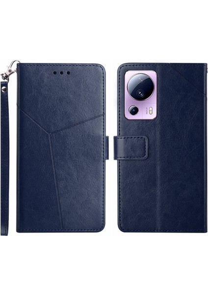 Xiaomi Için HT01 13 Lite/civi 2 5g Flip Deri Cüzdan Kapağı Baskılı Y Şeklinde Çizgi Stand Şok Geçirmez Telefon Kılıfı Kayış Mavisi (Yurt Dışından)