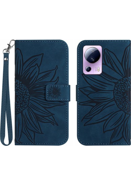 Xiaomi 13 Lite/civi 2 5g HT04 Pu Deri Telefon Kasası Ayçiçeği Baskılı Flip Cüzdan Stand Anti-Düşme Telefonu Kapak-Karanlık-Mavi (Yurt Dışından)