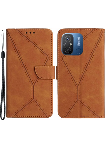 Xiaomi Için HT05 Poco C55 4g/redmı 11A 4G/12C 4g Telefon Kılıfı Standı Stand Cilt Dokunuşu Basılı Hat Pu Deri Kapak Kahverengi (Yurt Dışından)