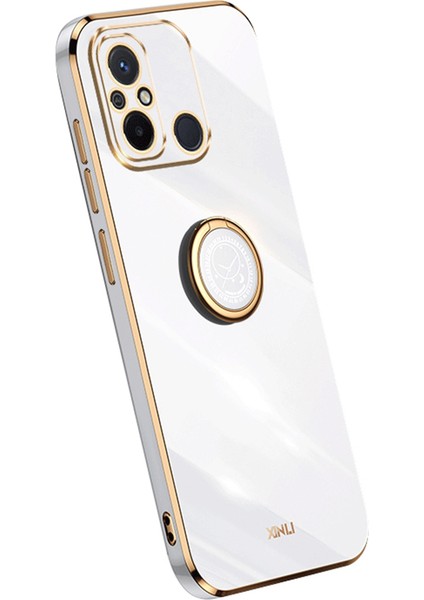 Xiaomi Redmi Için Xinli 12C 4g Yüzük Kickstand Telefon Koruyucu Kasa Elektrokaplama Altın Kenar Tpu Arka Kapak-Beyaz (Yurt Dışından)