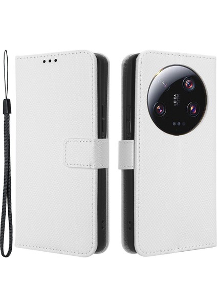 Xiaomi 13 Ultra Stand Cüzdan Telefon Kılıfı Pu Deri Elmas Doku Telefon Kapak-Beyaz (Yurt Dışından)