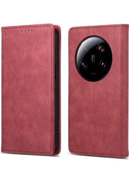 Df-05 Xiaomi 13 Ultra Için Telefon Kılıfı, Cüzdan Pu Deri Kaplamalı Mat Tpu Stand Kapak Kırmızısı (Yurt Dışından)