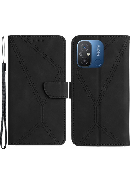 Xiaomi Için HT05 Poco C55 4g/redmı 11A 4G/12C 4g Telefon Kılıfı Standı Stand Cilt Dokunuşu Basılı Hat Pu Deri Kapak Black (Yurt Dışından)