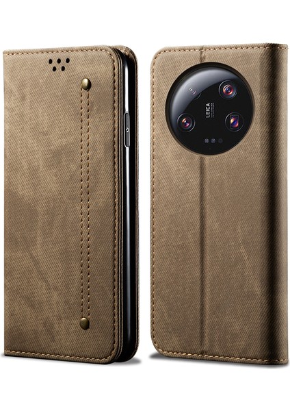 Xiaomi Için 13 Ultra Cüzdan Stand Pu Deri Kılıf Kot Koku Doku Cep Telefonu Kapak-Khaki (Yurt Dışından)