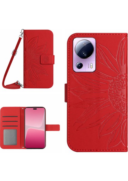 Xiaomi 13 Lite/civi 2 5g HT04 Flip Deri Cüzdan Telefon Kapağı Ayçiçeği Baskılı Stand Anti-Drop Telefon Kılıfı Kayış Kırmızısı (Yurt Dışından)