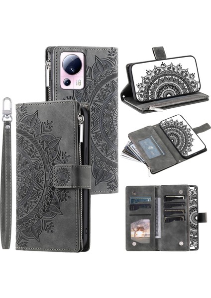 Xiaomi 13 Lite/civi Için 2 5g Fermuarı Cep Cüzdan Deri Deri Stand Kapağı Mandala Çiçek Dışında Telefon Vaka-Grey (Yurt Dışından)