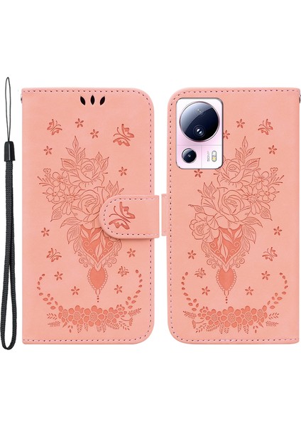 Xiaomi 13 Lite/civi 2 5g Pu Deri Cüzdan Telefon Kılıfı Baskılı Gül Kelebek Stand Kapak Pembe (Yurt Dışından)