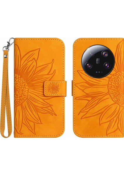 Xiaomi Için HT04 13 Ultra Anti-Dust Ayçiçeği Desen Cüzdan Kapağı Pu Deri Stand Telefon Kılıfı El Strap-Sarı (Yurt Dışından)