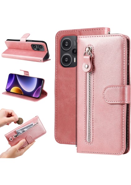 Xiaomi Için Redmi Note 12 Turbo/poco F5 5g Buzağı Doku Telefon Kılıfı Stand Fermuarı Cep Cüzdanı Kapak Pembe (Yurt Dışından)