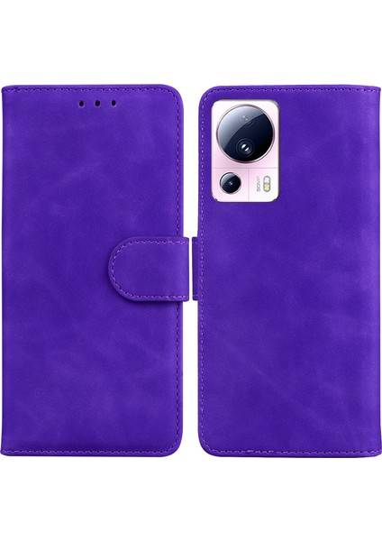 Xiaomi Için Düz Renk Telefon Kılıfı 13 Lite/civi 2 5g Pu Deri Cüzdan Standı Anti-Drop Cep Telefonu Kapak Morası (Yurt Dışından)