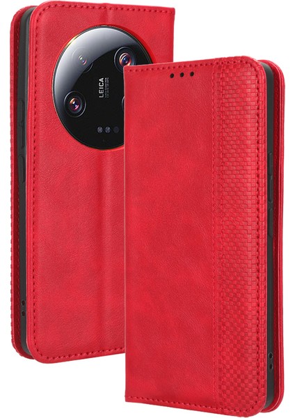 Xiaomi 13 Ultra Için Retro Stand Telefon Kılıfı, Pu Deri+Tpu Cüzdan Kapak-Kırmızı (Yurt Dışından)
