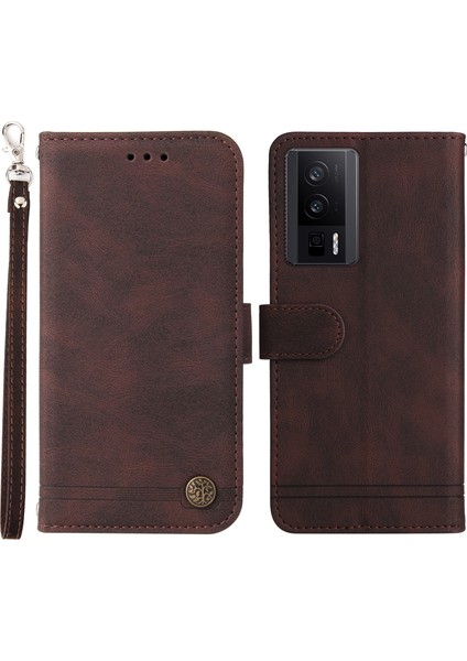 Xiaomi Için Poco F5 Pro 5g/redmi K60 Pro 5g/redmi K60 5g Cep Telefonu Kapağı Cilt Dokunuşlu Deri Deri Deri Baskılı Çizgiler Durum Cüzdan-Brown (Yurt Dışından)