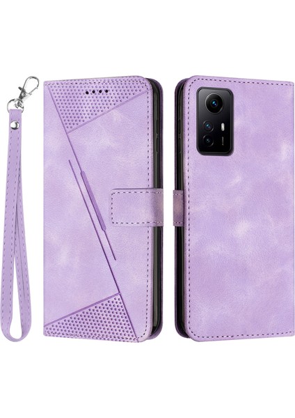 Üçgen Xiaomi Redmi Için Deri Kapağı Not 12S 4g Çizgi Anti-Çizelge Cüzdan Stand Telefon Kılıfı Strap-Purple (Yurt Dışından)