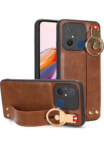 Xiaomi Redmi Için 12C 4g/poco C55 4g Bileklik Kickstand Kapak Pu Deri Kaplamalı Pc+Tpu Boyun Kayış-Brown ile Telefon Kılıfı (Yurt Dışından)