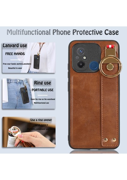 Xiaomi Redmi Için 12C 4g/poco C55 4g Bileklik Kickstand Kapak Pu Deri Kaplamalı Pc+Tpu Boyun Kayış-Brown ile Telefon Kılıfı (Yurt Dışından) fırsatları