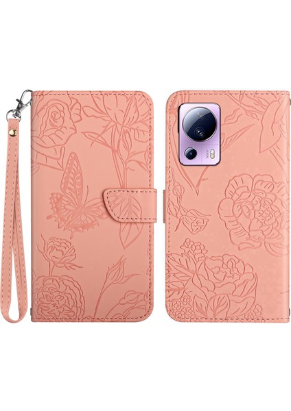 Xiaomi Için HT03 13 Lite/civi 2 5g Baskı Baskılı Kelebek Çiçekleri Cilt Dostu Şok Geçirmez Telefon Kapak Standı El Strap-Pink (Yurt Dışından)