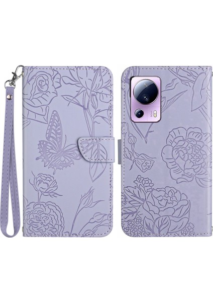 Xiaomi Için HT03 13 Lite/civi 2 5g Baskılı Kelebek Çiçekleri Cilt Dostu Şok Geçirmez Telefon Kapak Standı El Strap-Purple (Yurt Dışından)