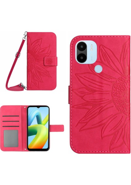 Xiaomi Redmi A1+ 4g/a2+ 4g/poco C50 4g HT04 Ayçiçeği Baskılı Pu Deri Stand Kılıf Cilt Touch Manyetik Toka Telefon Damla Geçirmez Cüzdan Kapağı Omuz Kayışı Rose (Yurt Dışından)