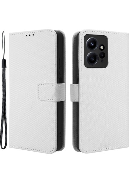 Xiaomi Için Redmi Not 12 4g Cep Telefon Kılıfı Pu Deri Elmas Doku Cüzdan Stand Kapak-Beyaz (Yurt Dışından)