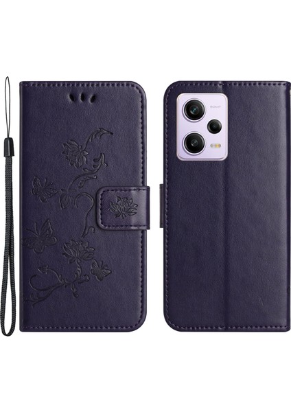 Xiaomi Redmi Için Telefon Kılıfı Not 12 5g (Global)/(Hindistan)/(Çin)/poco X5 5g, Baskılı Kelebek Çiçek Desen-Dark Mor ile Stand Stand Cüzdanı (Yurt Dışından)