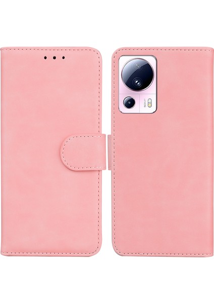 Xiaomi Için Düz Renkli Telefon Kılıfı 13 Lite/civi 2 5g Pu Deri Cüzdan Stand Anti-Damla Cep Telefonu Kapak Pembe (Yurt Dışından)