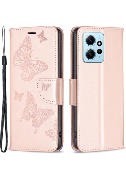 Xiaomi Redmi Için Cüzdan Stand Kılıfı Not 12 4g Kelebek Baskılı Deri Telefon Kapağı Strap-Rose Altın (Yurt Dışından)