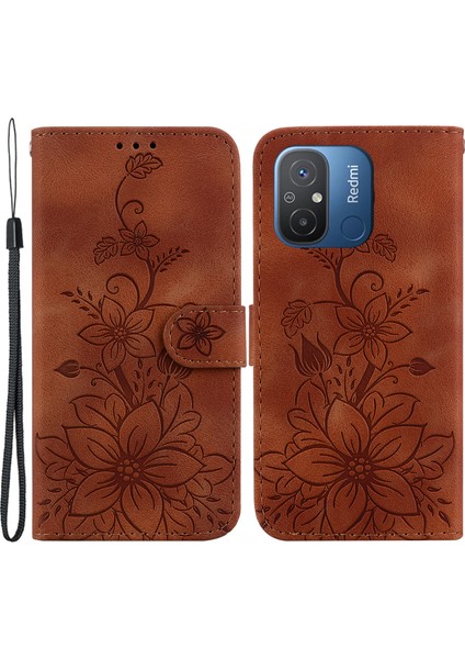 Xiaomi Için Cep Telefonu Kılıfı Redmi 12C 4g, Baskılı Zambak Çiçek Kapağı Pu Deri Cüzdan Stand Kabuk-Kahverengi (Yurt Dışından)