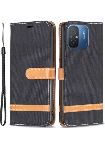 Xiaomi Redmi Için 12C 4g Kot Ceza Ekleme Tasarım Deri Kapak Cüzdan Stand Flip Telefon Kılıfı Black (Yurt Dışından)