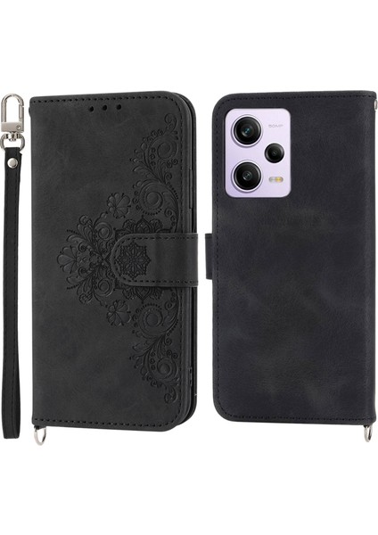 Xiaomi Redmi Için Note 12 Pro 5g /note 12 Pro Speed ​​5g /poco X5 Pro 5g Cüzdan Telefon Kapağı Cilt Touch Hissedilmiş Çiçekler Stand Deri Kılıf Bilek Kayışı ve Omuz Kayışı Black (Yurt Dışından)