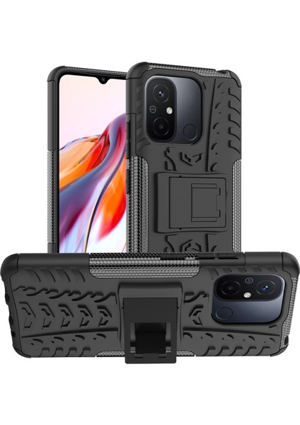 Xiaomi Redmi Için 12C 4g/poco C55 4g Lastik Deseni Kickstand Telefon Kılıfı Pc+Tpu Şok Geçirmez Telefon Kapak Black (Yurt Dışından)