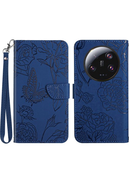 HT03 Xiaomi Için Telefon Kılıfı 13 Ultra Pu Deri Stand Cüzdan Kelebek Çiçekleri Strap-Mavi ile Baskılı Kapak (Yurt Dışından)