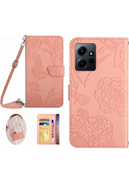 Xiaomi Için HT03 Redmi Not 12 4g Cilt Touch Kelebek Çiçekleri Baskılı Cüzdan Stand Kılıfı Deri Kapak Omuz Kayışı Pembe (Yurt Dışından)