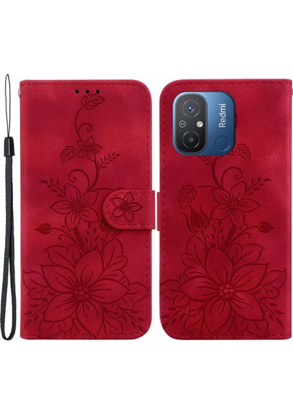 Xiaomi Redmi 12C 4g Için Cep Telefonu Kılıfı, Basılı Zambak Çiçek Kapağı Pu Deri Cüzdan Stand Kabuk-Kırmızı (Yurt Dışından)