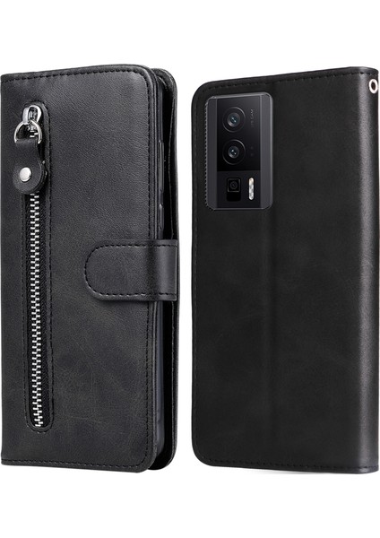 Xiaomi Poco F5 Pro 5g/redmi K60 Pro 5G/K60 5g Fermuarı Cep Telefon Kılıf Buzağı Dokusu Pu Deri Deri Stand Cüzdan Black (Yurt Dışından)