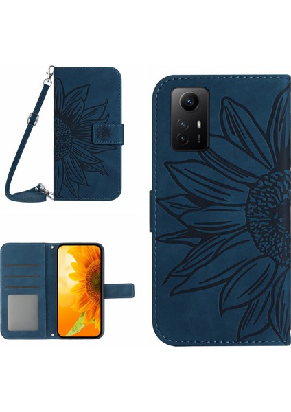 Xiaomi Için HT04 Redmi Not 12S 4g Deri Stand Cüzdan Kapağı Ayçiçeği Baskılı Telefon Kılıfı Omuz Kayış-Dark Mavi (Yurt Dışından)