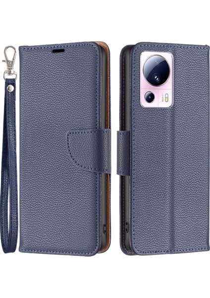 Xiaomi 13 Lite/civi Için 2 5g Pu Deri Cüzdan Kapağı Litchi Doku Stand Strap-Dark Mavi ile Telefon Kılıfı (Yurt Dışından)