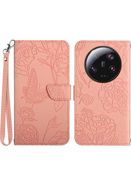 HT03 Xiaomi Için Telefon Kılıfı 13 Ultra Pu Deri Stand Cüzdan Kelebek Çiçekleri Strap-Pink ile Baskılı Kapak (Yurt Dışından)