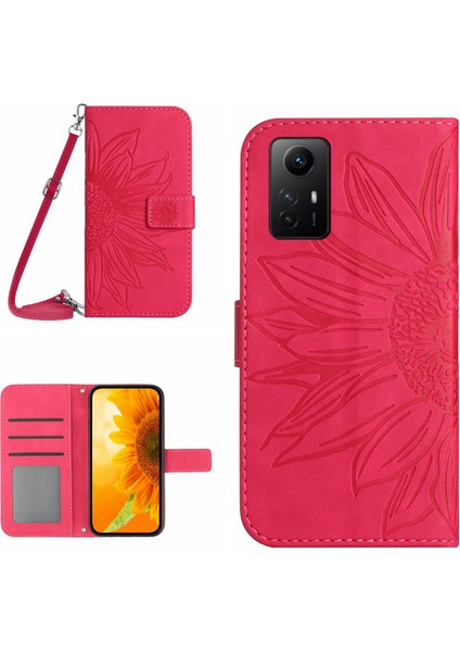Xiaomi Için HT04 Redmi Not 12S 4g Deri Stand Cüzdan Kapağı Ayçiçeği Baskılı Telefon Kılıfı Omuz Kayışı Rose (Yurt Dışından)