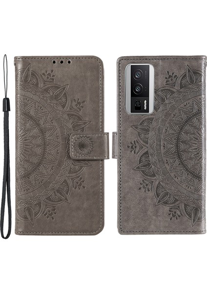 Xiaomi Için Poco F5 Pro 5g/redmi K60 Pro 5G/K60 5g Cep Telefonu Kabuğu Baskılı Mandala Çiçek Desen Cüzdan Stand Telefon Case-Grey (Yurt Dışından)