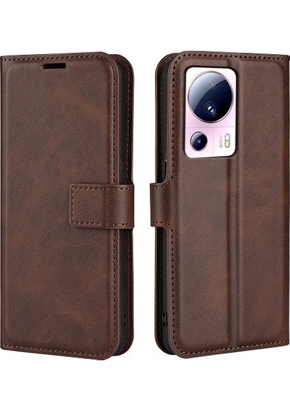 Xiaomi Için 13 Lite/civi 2 5g Kare Toka Deri Telefon Kasası Buzağı Doku Cüzdanı Stand Anti-Damla Kapak Kahverengi (Yurt Dışından)