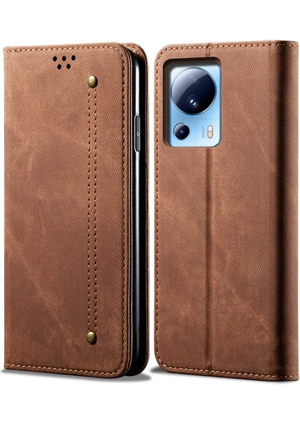 Xiaomi Için 13 Lite/civi 2 5g Cüzdan Pu Deri Telefon Kapağı Kot Ceza Doku Telefon Standı Case-Coffee (Yurt Dışından)