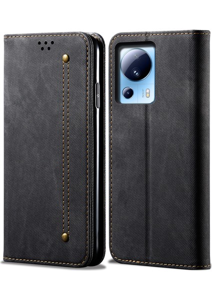 Xiaomi Için 13 Lite/civi 2 5g Cüzdan Pu Deri Telefon Kapağı Kot Koku Doku Telefon Stand Kılıf Black (Yurt Dışından)