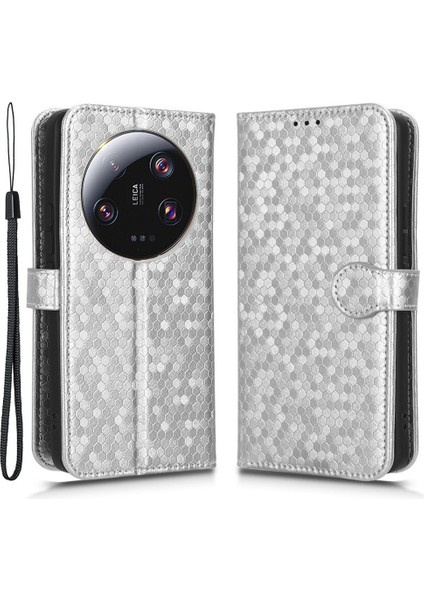 Xiaomi Için 13 Ultra Telefon Cüzdanı Pu Deri Stand Dot Desen Baskılı Telefon Kapak Silver (Yurt Dışından)