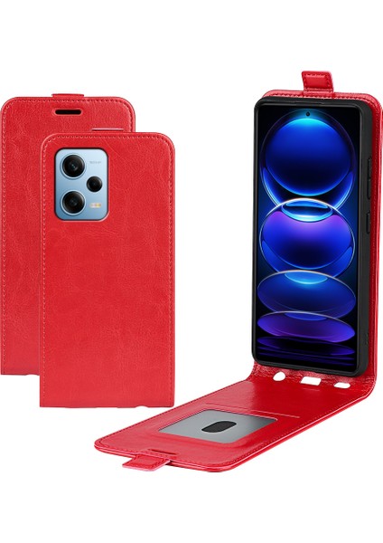 Xiaomi Redmi Için Note 12 Pro 5g/note 12 Pro Speed ​​5g/poco X5 Pro 5g Dikey Flip Pu Deri Çılgın At Doku Kart Tutucu Kasa-Kırmızı (Yurt Dışından)