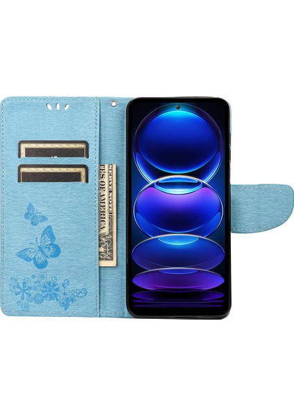 Xiaomi Redmi Için Note 12 5g (Global)/(Hindistan)/(Çin)/poco X5 5g Telefon Deri Kılıf Cüzdan Stand Kelebekleri Çiçek Baskı Kapak Mavisi (Yurt Dışından)